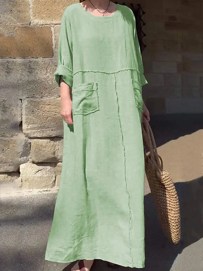 Women's Solid Color Round Neck Cotton Linen Long Sleeve Casual Pleated Double Side Pocket Dresses