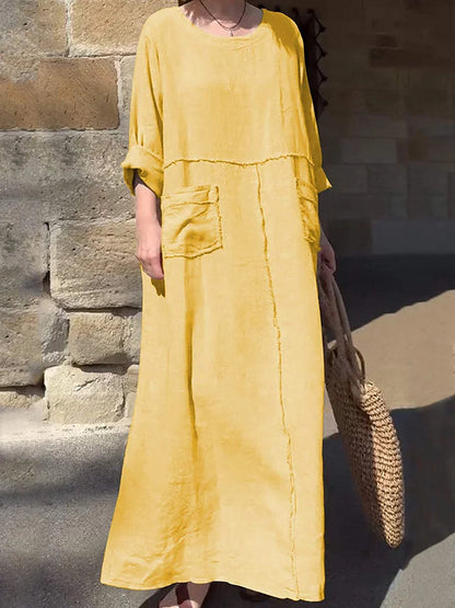 Women's Solid Color Round Neck Cotton Linen Long Sleeve Casual Pleated Double Side Pocket Dresses
