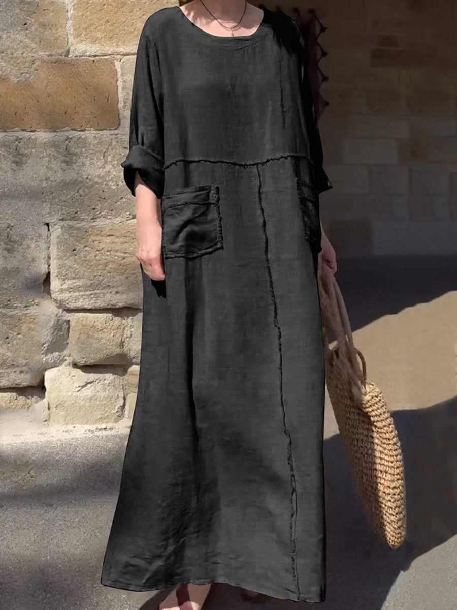 Women's Solid Color Round Neck Cotton Linen Long Sleeve Casual Pleated Double Side Pocket Dresses