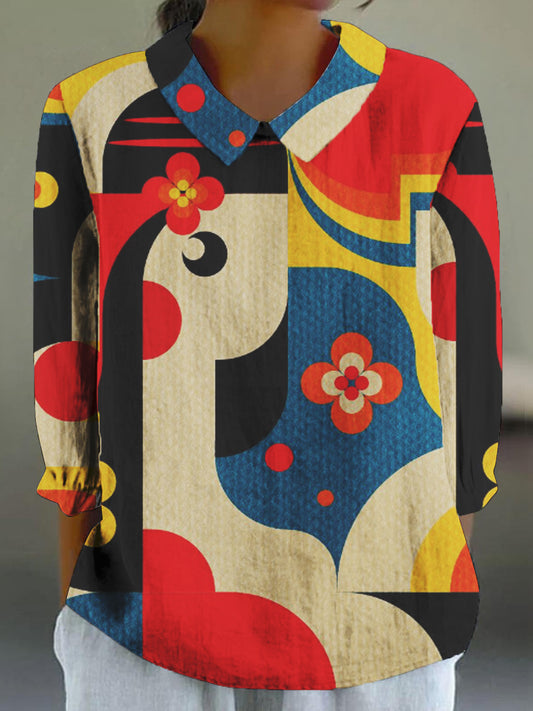 Women's Vintage Abstract Geometric Art Print 3/4 Sleeve Cotton and Linen Shirt