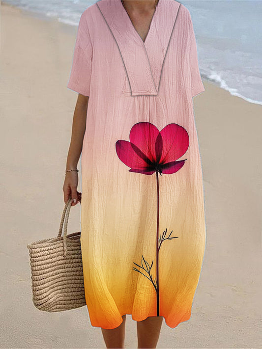 Women's Seaside Holiday Style Floral Print Short Sleeve Cotton and Linen Dress