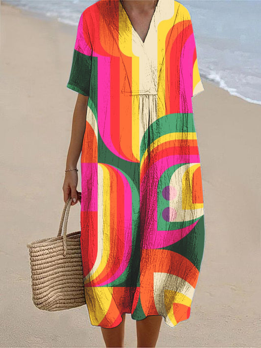 Women's Retro Abstract Geometric Art Print Short Sleeve Cotton and Linen Dress