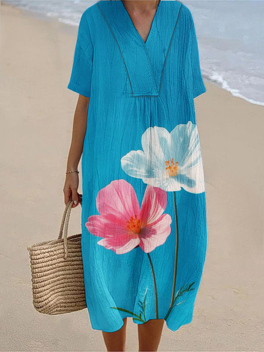 Women's Seaside Holiday Style Floral Print Short Sleeve Cotton and Linen Dress