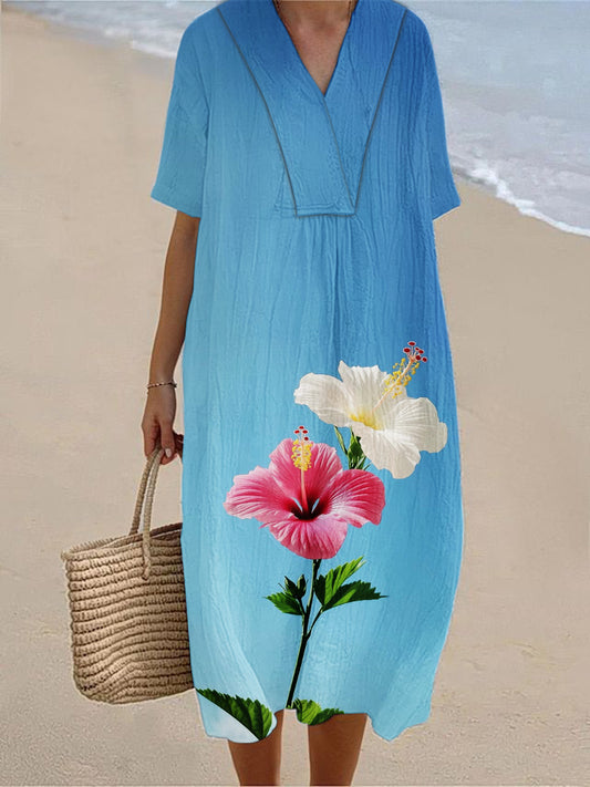 Women's Seaside Holiday Style Floral Print Short Sleeve Cotton and Linen Dress