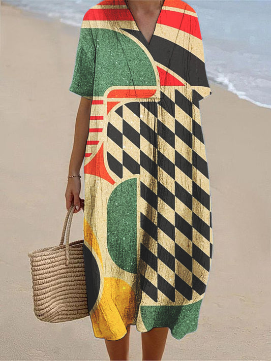 Women's Retro Abstract Geometric Art Print Short Sleeve Cotton and Linen Dress