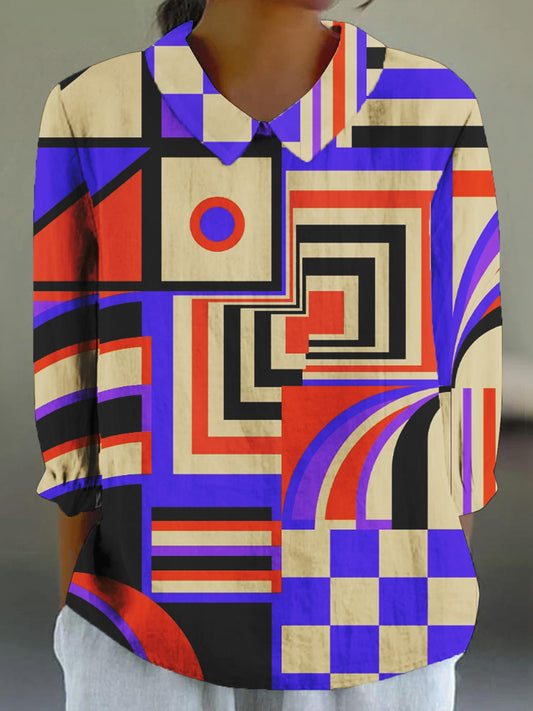 Women's Vintage Abstract Geometric Art Print 3/4 Sleeve Cotton and Linen Shirt