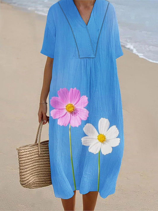 Women's Seaside Holiday Style Floral Print Short Sleeve Cotton and Linen Dress