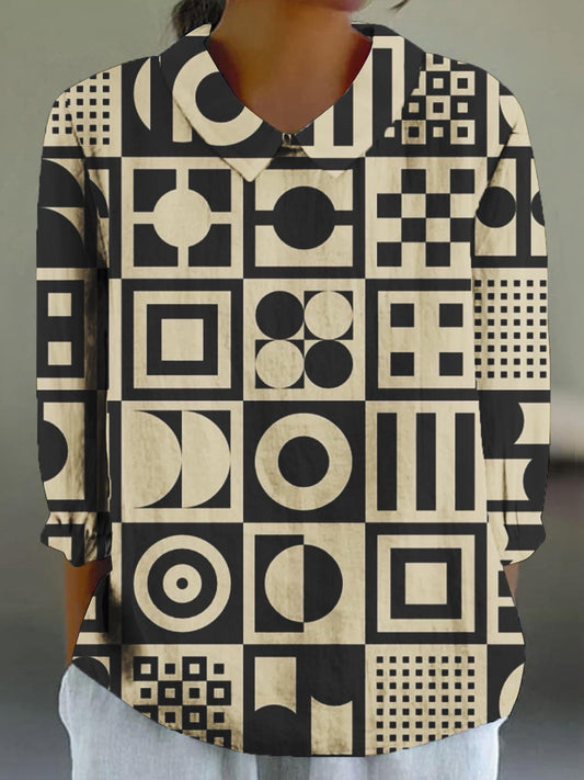 Women's Vintage Abstract Geometric Art Print 3/4 Sleeve Cotton and Linen Shirt