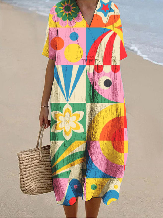 Women's Retro Abstract Geometric Art Print Short Sleeve Cotton and Linen Dress