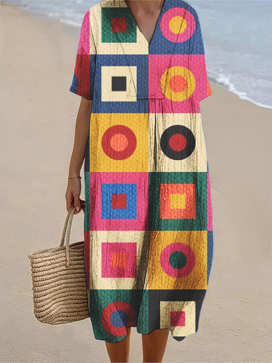 Women's Retro Abstract Geometric Art Print Short Sleeve Cotton and Linen Dress