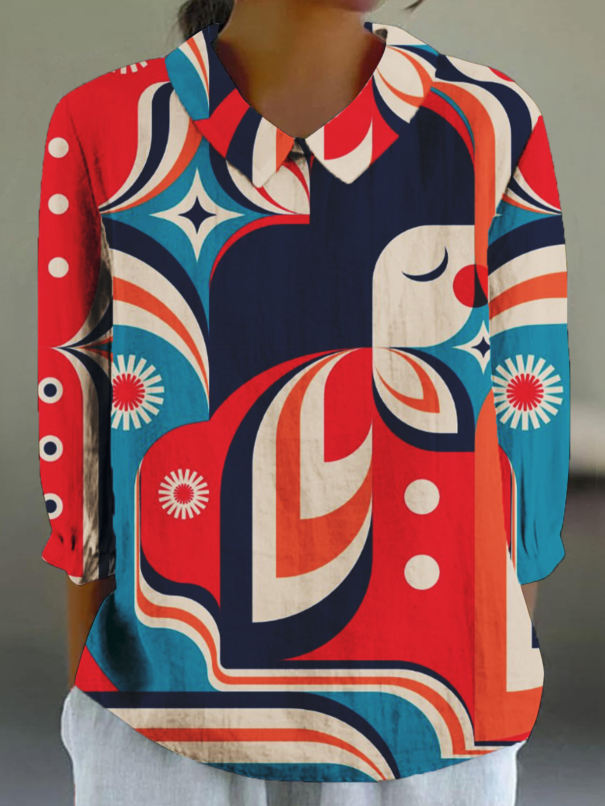 Women's Vintage Abstract Geometric Art Print 3/4 Sleeve Cotton and Linen Shirt