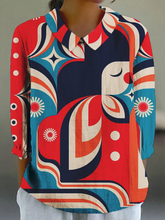 Women's Vintage Abstract Geometric Art Print 3/4 Sleeve Cotton and Linen Shirt