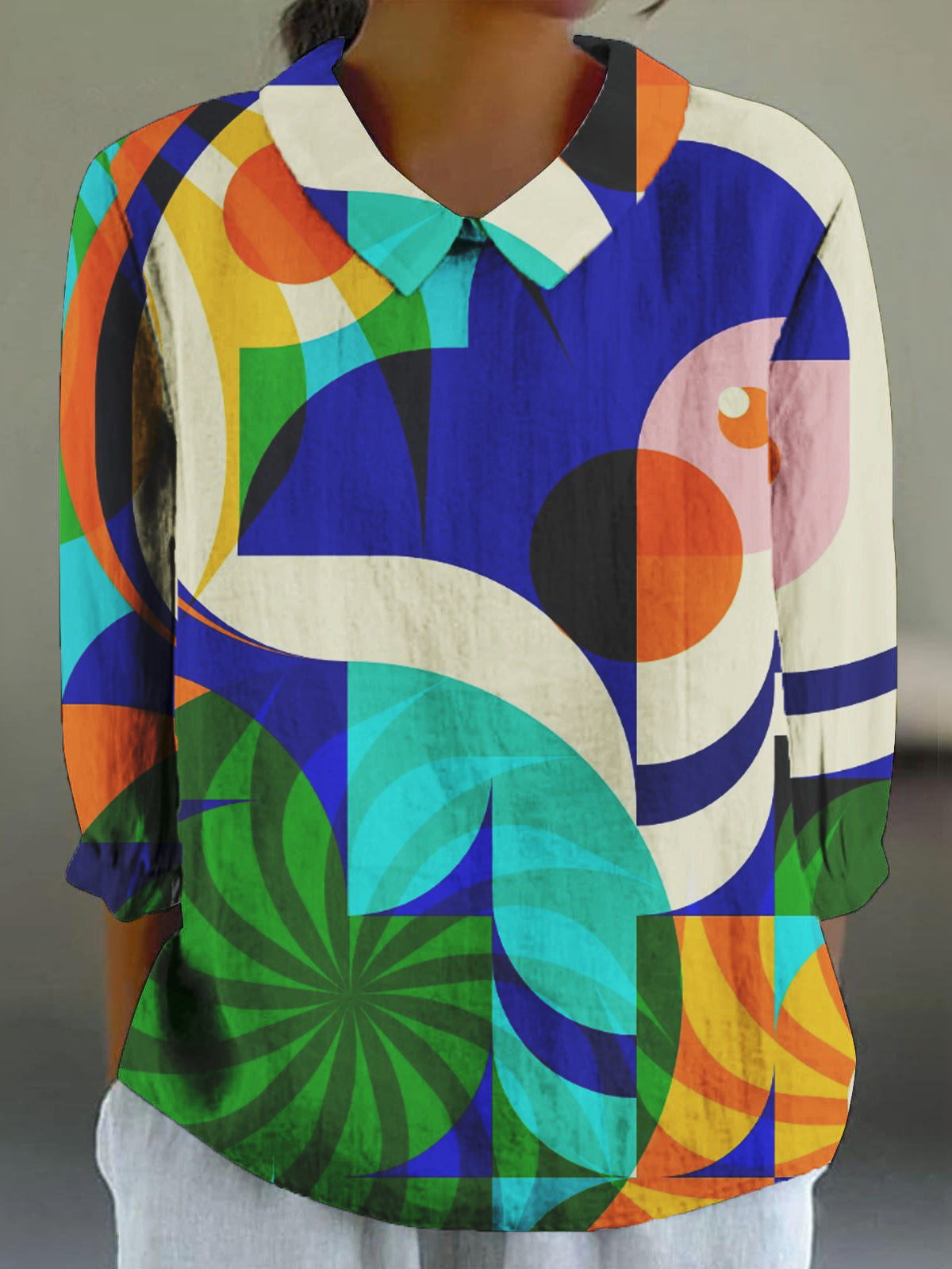 Women's Vintage Abstract Geometric Art Print 3/4 Sleeve Cotton and Linen Shirt