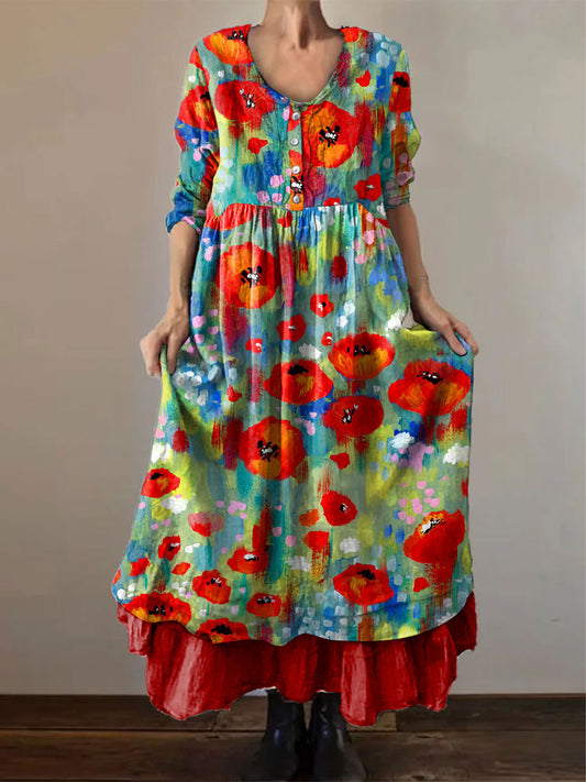 Women's Memorial Day Poppy Flag Veteran Poppy Flag Printed Dress