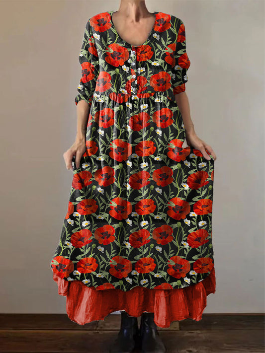 Women's Memorial Day Poppy Flag Veteran Poppy Flag Printed Dress