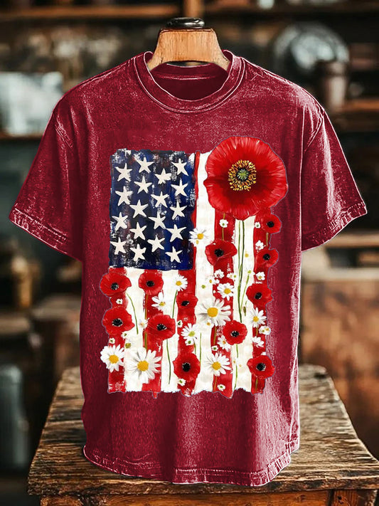 Unisex Memorial Day Poppy Flag Veteran Printed T-shirt