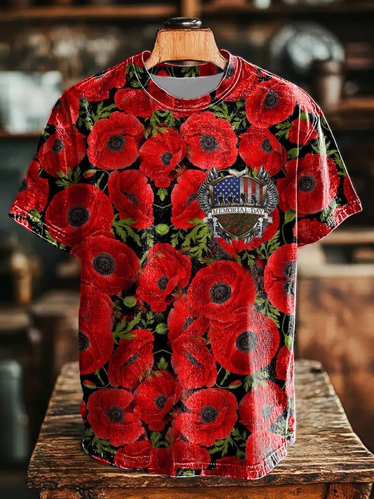 Unisex Memorial Day Poppy Flag Veteran Printed T-shirt