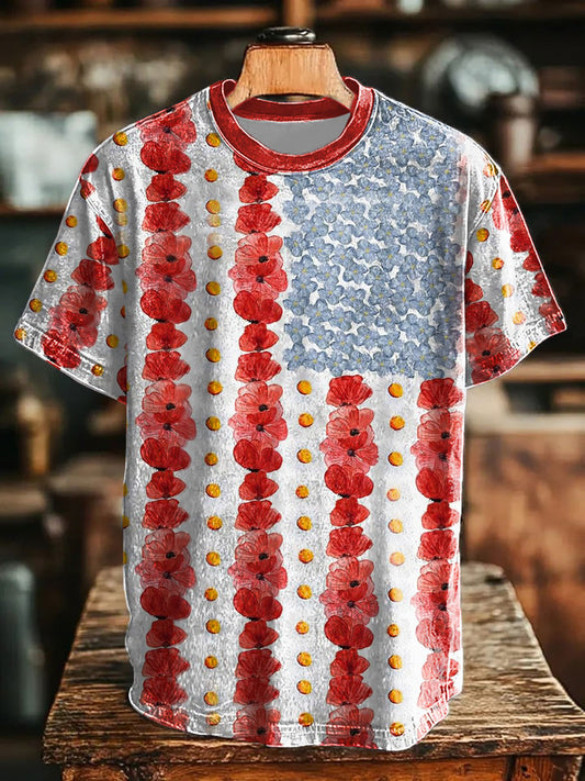 Unisex Memorial Day Poppy Flag Veteran Printed T-shirt