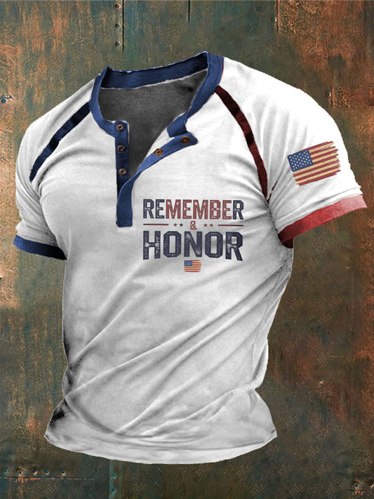 Men's Memorial Day Remeber&Honor Flag Printed Henry Collar Shirt