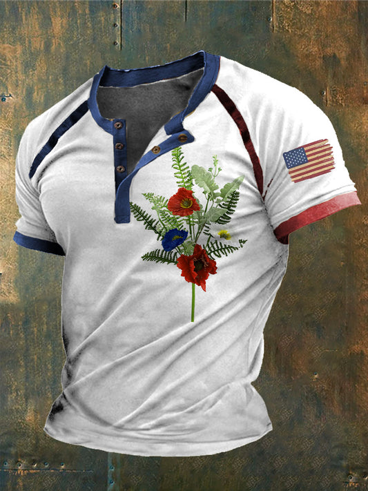 Men's Memorial Day Remeber&Honor Flag Printed Henry Collar Shirt