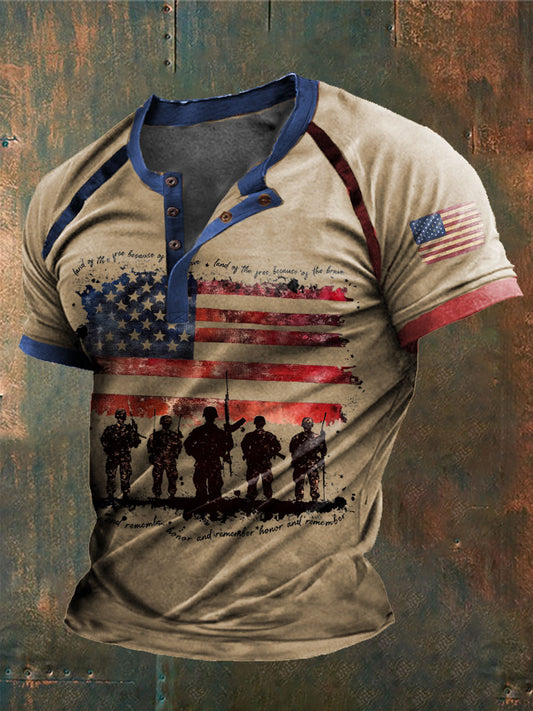 Men's Memorial Day Remeber&Honor Flag Printed Henry Collar Shirt