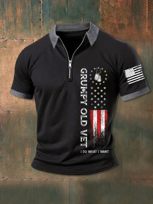 Men's Grumpy Old Vet I Do What I Want Zip Up Short Sleeve Polo