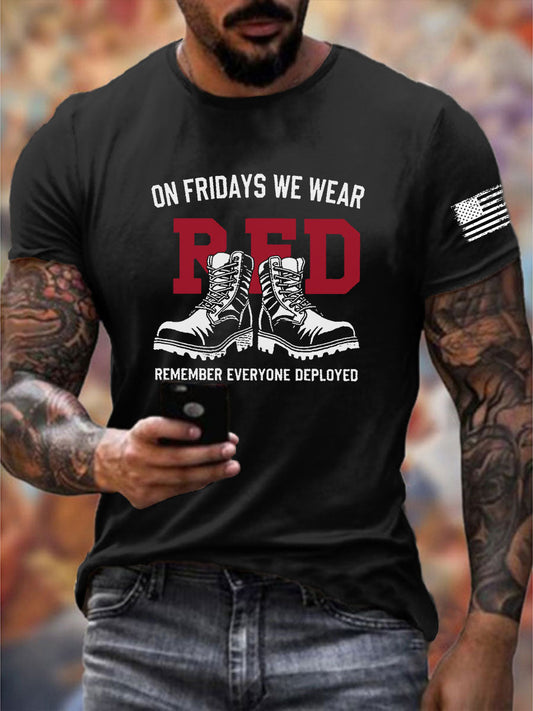 Men's On Fridays We Wear Red Remember Everyone Deployed  T-shirt