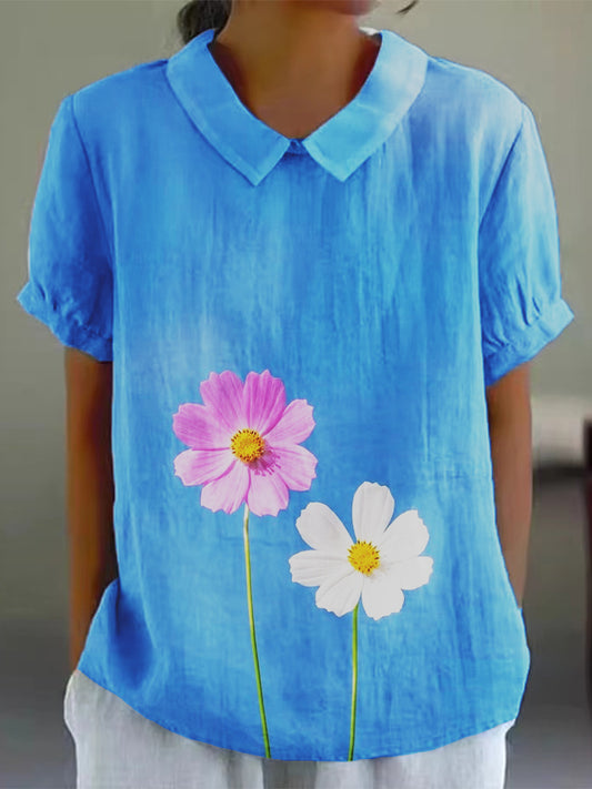 Women's Colorful Watercolor Floral Print Cotton and Linen Short Sleeve Shirt