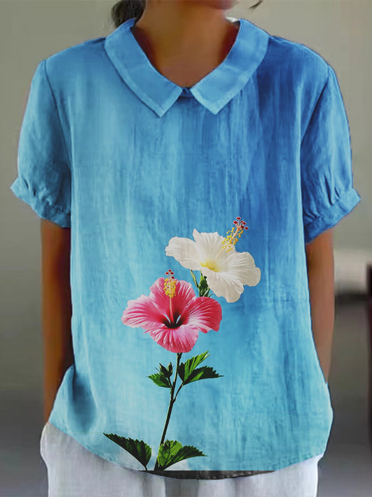 Women's Colorful Watercolor Floral Print Cotton and Linen Short Sleeve Shirt