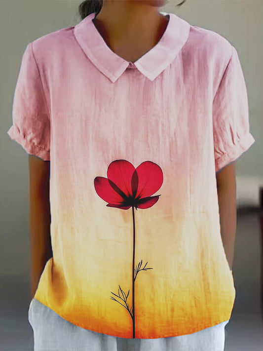 Women's Colorful Watercolor Floral Print Cotton and Linen Short Sleeve Shirt