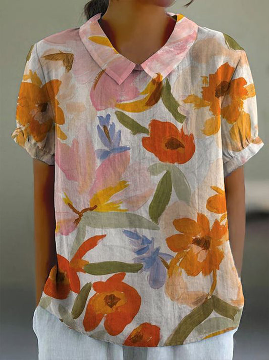 Women's Colorful Watercolor Floral Print Cotton and Linen Short Sleeve Shirt