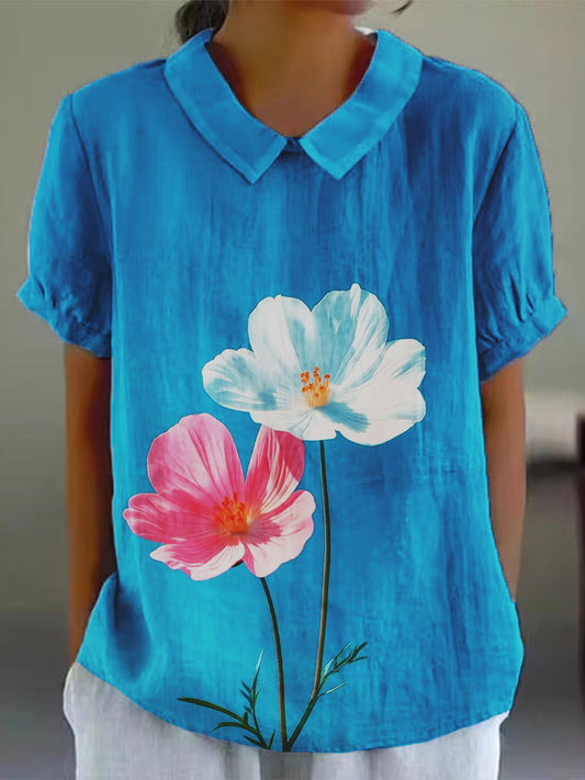 Women's Colorful Watercolor Floral Print Cotton and Linen Short Sleeve Shirt