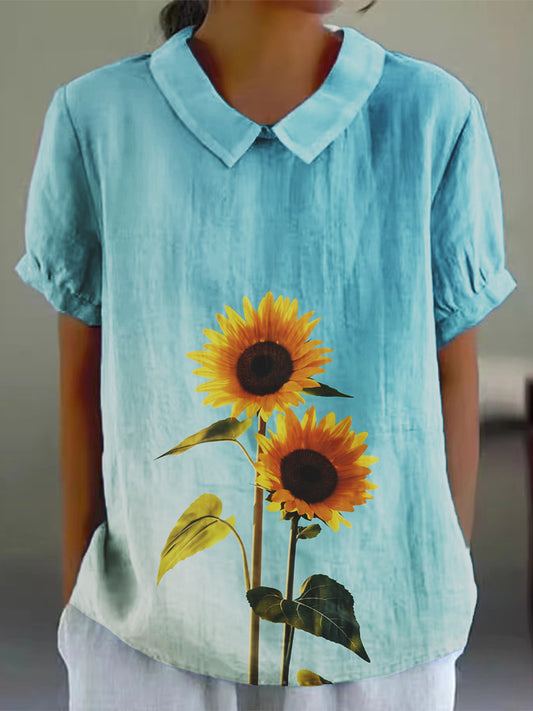 Women's Colorful Watercolor Floral Print Cotton and Linen Short Sleeve Shirt