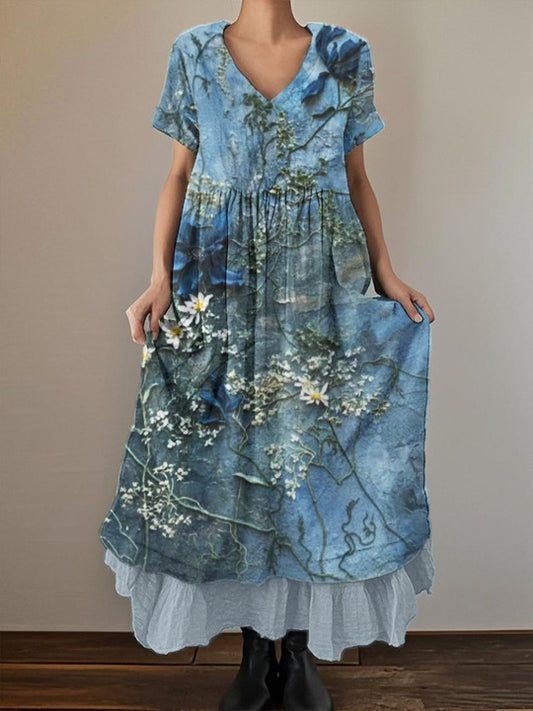 Women's Vintage Floral Printed Cotton and Linen Double Layer Dress