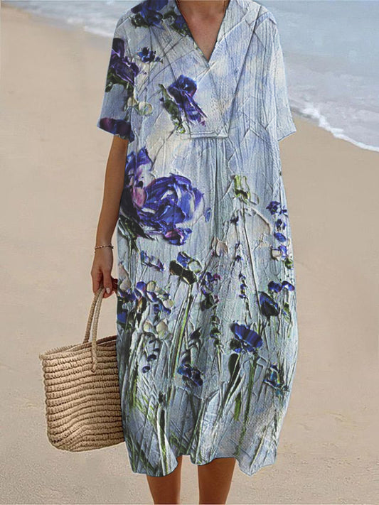 Women's Seaside Holiday Style Floral Print Short Sleeve Cotton and Linen Dress
