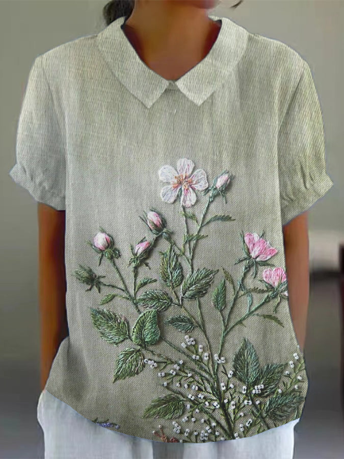 Women's Colorful Watercolor Floral Print Cotton and Linen Short Sleeve Shirt