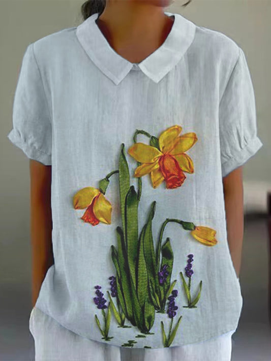 Women's Colorful Watercolor Floral Print Cotton and Linen Short Sleeve Shirt