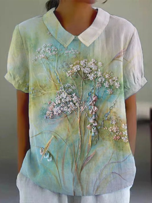 Women's Colorful Watercolor Floral Print Cotton and Linen Short Sleeve Shirt