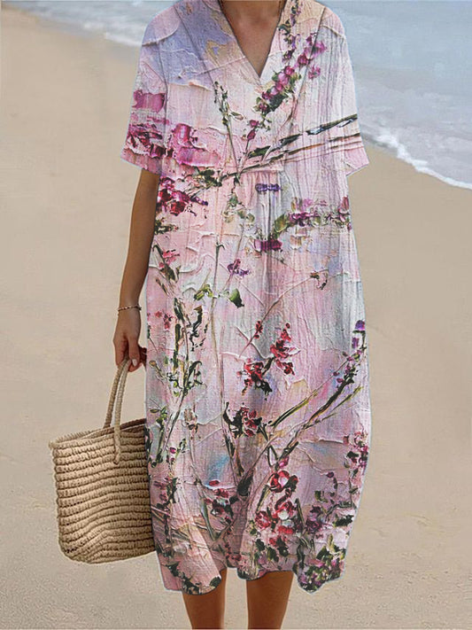 Women's Seaside Holiday Style Floral Print Short Sleeve Cotton and Linen Dress