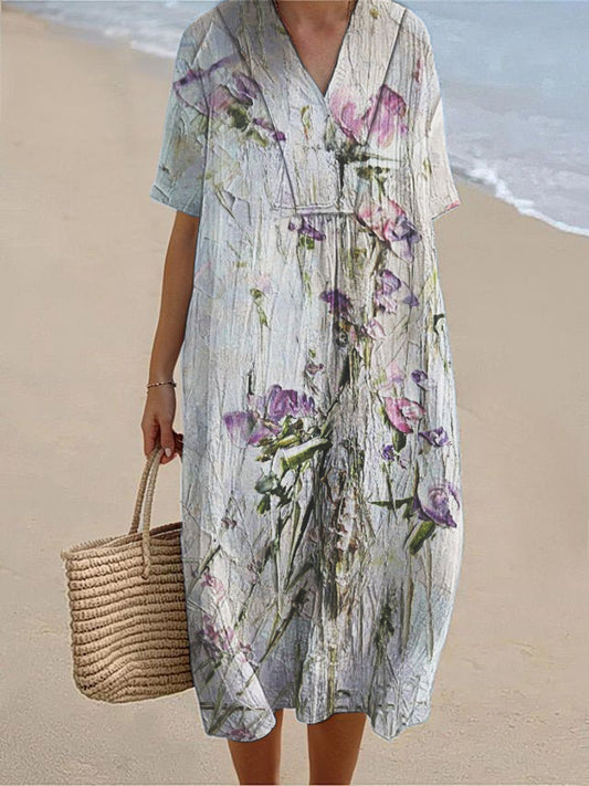 Women's Seaside Holiday Style Floral Print Short Sleeve Cotton and Linen Dress