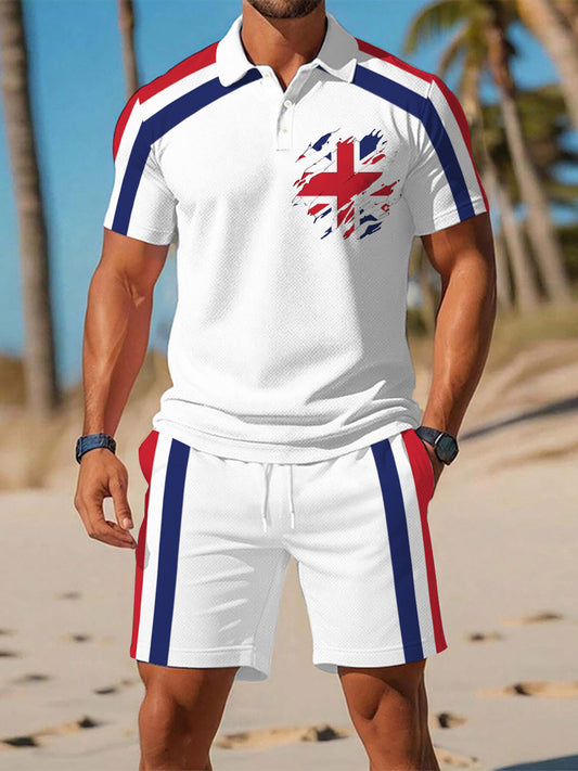 Men's UK Flag Print Casual Polo Two-Piece Sets