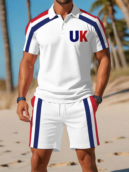 Men's UK Flag Print Casual Polo Two-Piece Sets